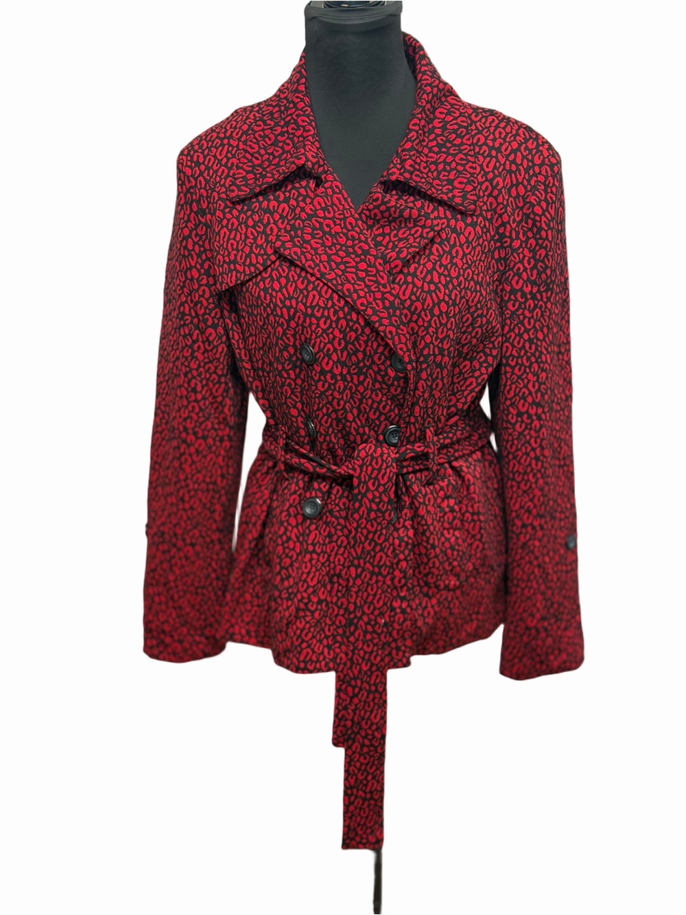 NY Collection Women’s XL Red Black Leopard Print Belted Double Breasted Jacket